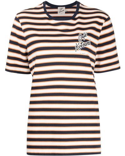 Café Kitsuné Logo-print Striped Cotton T-shirt - Orange