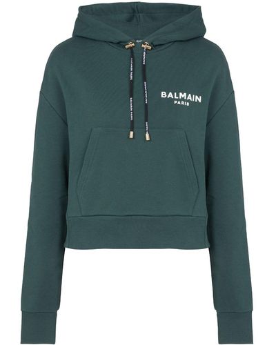 Balmain Flocked-logo Cropped Hoodie - Green