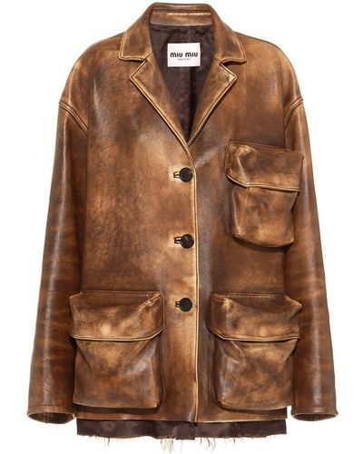 Miu Miu Single-breasted Nappa Leather Jacket - Brown