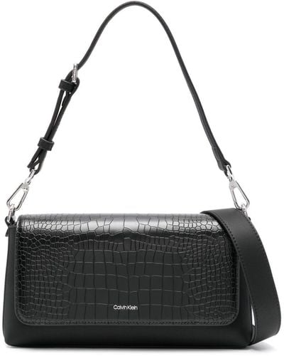 Calvin Klein Embossed Crocodile-effect Logo Plaque Shoulder Bag - Black