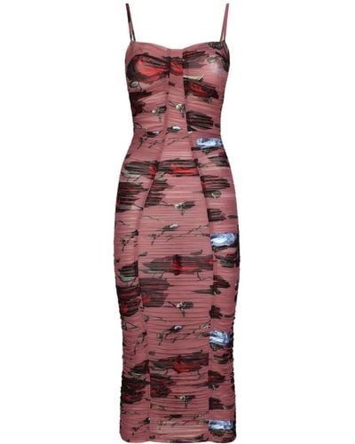 Dolce & Gabbana Rose-print Ruched Dress - Red