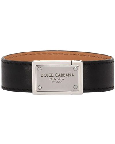 Dolce & Gabbana Bracelet en cuir à plaque logo - Noir