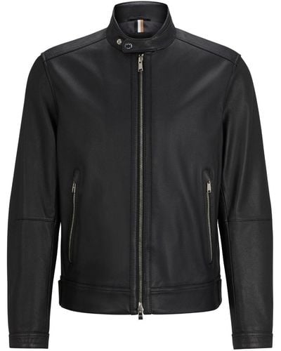BOSS Band-collar Leather Jacket - Black