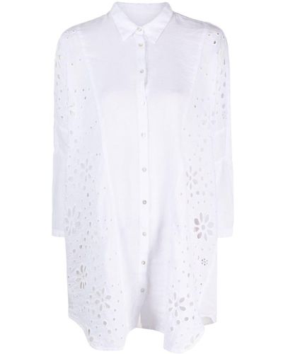 120% Lino Camisa con bordado floral - Blanco