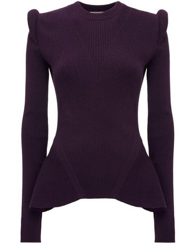 Alexander McQueen Ribbed Peplum Sweater - Purple