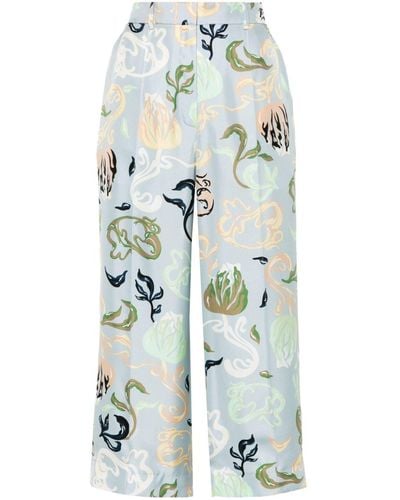 Lanvin Graphic-print silk cropped trousers - Weiß