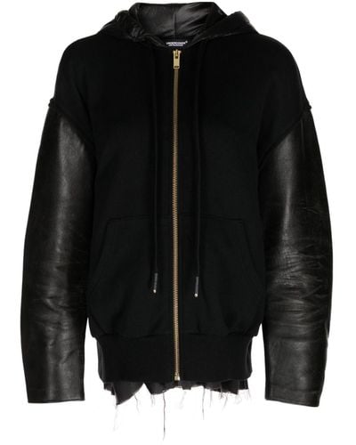 Undercover Paneled Leather-sleeved Hooded Jacket - Black