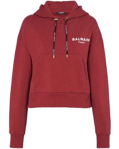 Balmain Flocked-logo Cropped Hoodie - Red