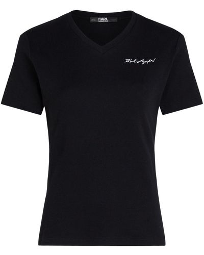 Karl Lagerfeld Geripptes T-Shirt mit Logo-Stickerei - Schwarz