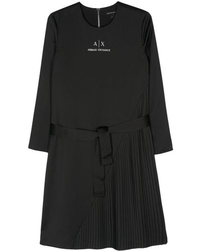 Armani Exchange Logo-embroidered Pleated Midi Dress - Black