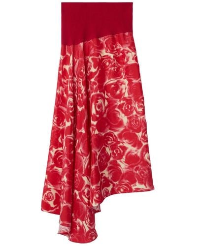 Burberry Rose-print Asymmetric Silk Skirt - Red