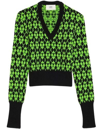 Ami Paris Intarsien-Pullover mit V-Ausschnitt - Grün