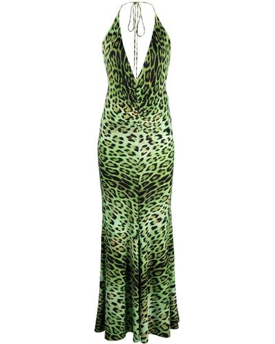 Roberto Cavalli Vestido fruncido con estampado Jaguar y cuello halter - Verde