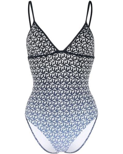 Tommy Hilfiger Monogram-pattern Plunge Swimsuit - Blue