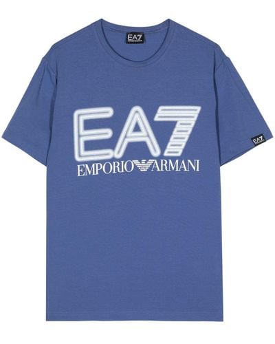 EA7 Logo-print Stretch-cotton T-shirt - Blue