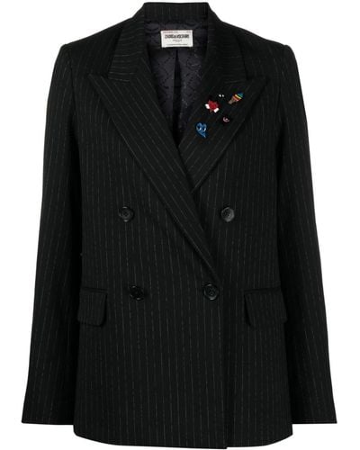 Zadig & Voltaire Pinstriped Brooch-detail Double-breasted Blazer - Black