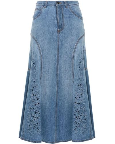 Chloé Floral-embroidered Denim Midi Skirt - Blue