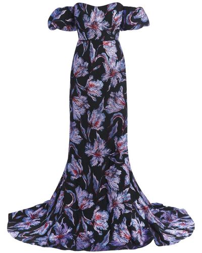 Markarian Floral-brocade Puff-sleeve Gown - Blue