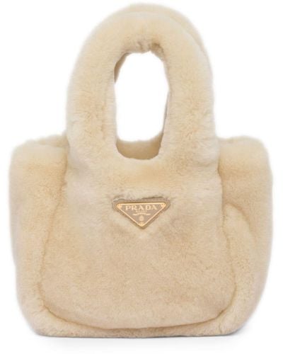 Prada Mini Triangle-logo Shearling Tote Bag - Natural