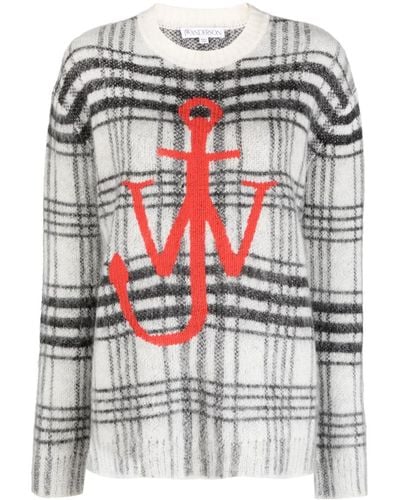 JW Anderson Logo-embroidered Check-pattern Sweater - Gray