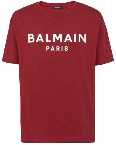 Balmain Logo Printed Canvas T Shirt - Red