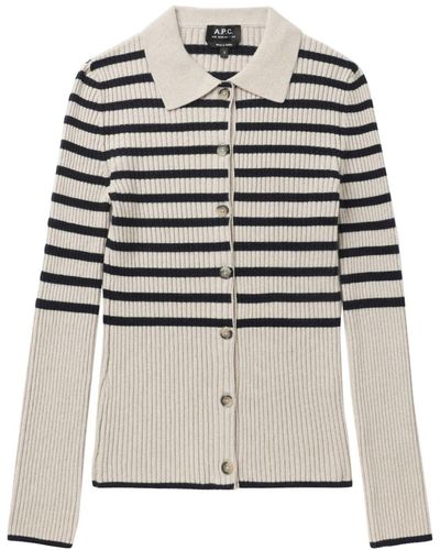 A.P.C. Cardigan en maille nervurée à rayures - Blanc