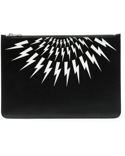 Neil Barrett Fair Islethunderbolt-print Leather Clutch Bag - Black