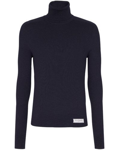 Balmain Pull en laine merino à col montant - Bleu