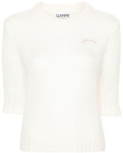 Ganni Logo-embroidered Knitted T-shirt - White