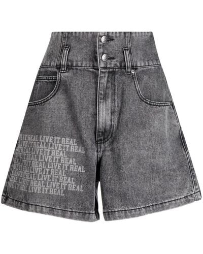Izzue Slogan-print High-rise Denim Shorts - Gray