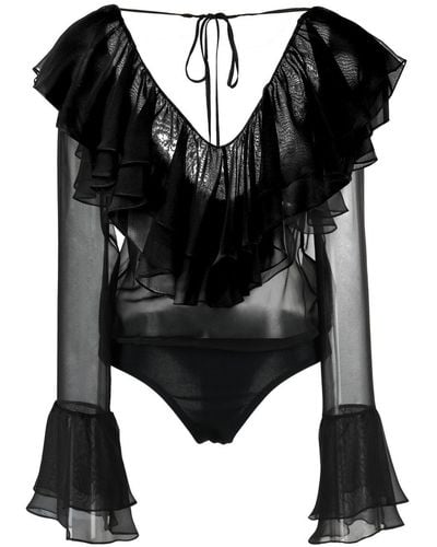 Ami Paris V-neck Ruffled Bodysuit - Black