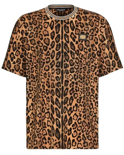 Dolce & Gabbana Animal Print T-Shirt With Logo Plate - Brown