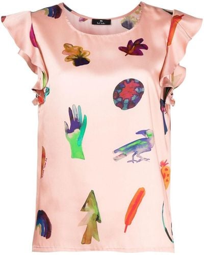 PS by Paul Smith Ruffle-sleeve Graphic-print T-shirt - Pink