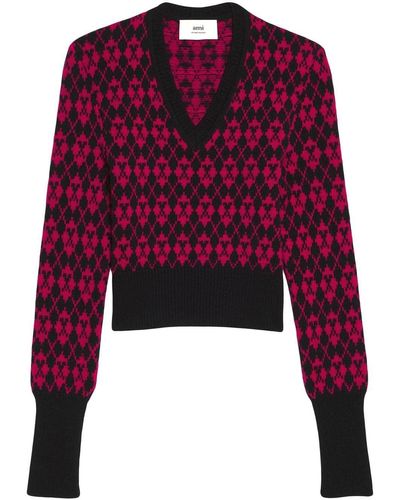 Ami Paris Ami De Coeur-pattern V-neck Sweater - Red
