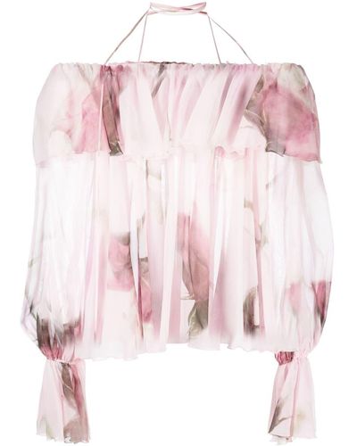 Blumarine Ruffled-trim Floral-print Blouse - Pink