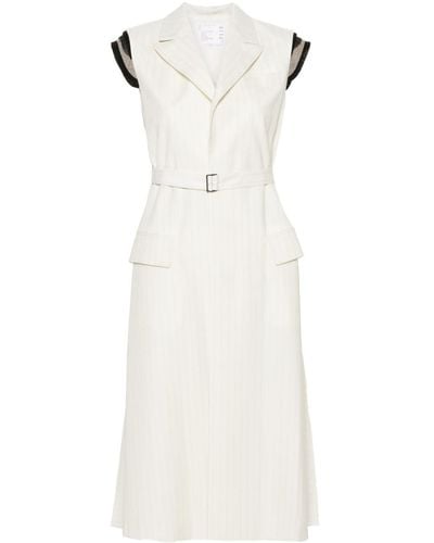 Sacai Pinstriped Deconstructed Belted Midi Dress - White