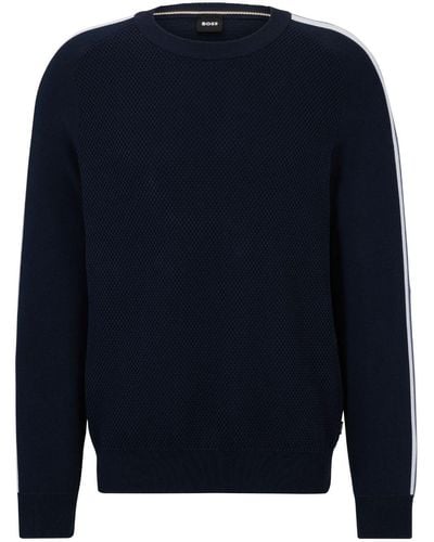 BOSS Striped-sleeve Cotton Sweater - Blue