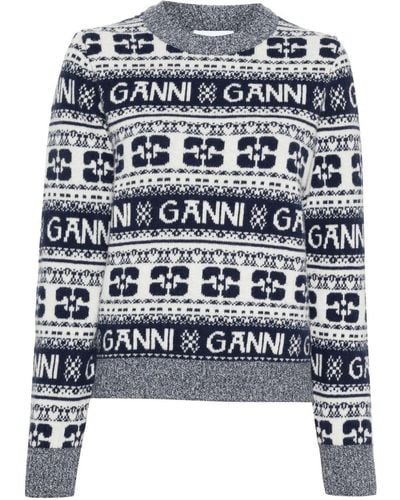 Ganni ホワイト&ブルー ジャカード セーター - グレー