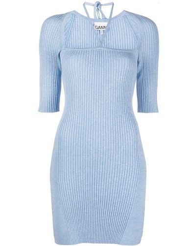 Ganni Mélange-knit Minidress - Blue
