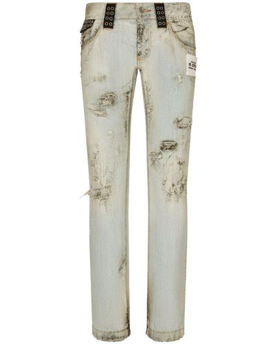 Dolce & Gabbana Distressed Slim-fit Jeans - Gray