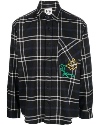 President's Flannel Check Embroidered Flower Shirt - Black