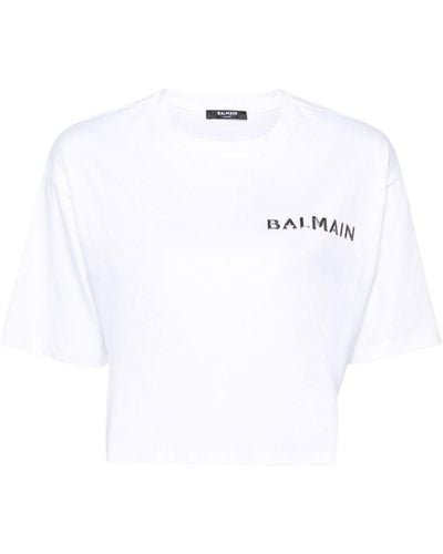 Balmain T-shirt crop à logo appliqué - Blanc