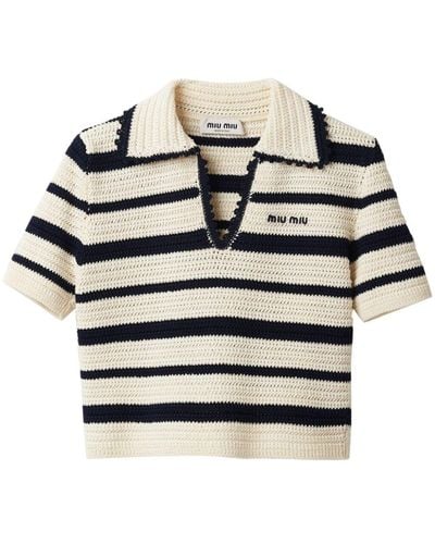 Miu Miu Striped Knitted Polo Shirt - Gray
