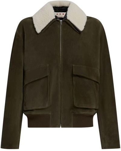 Marni Shearling Collar Zip-up Leather Jacket - Green