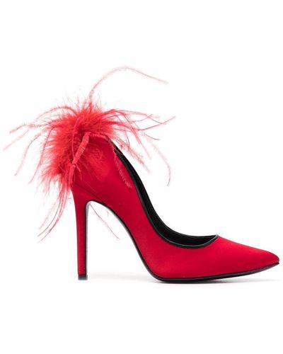 Styland Feather-detail Silk Satin Court Shoes - Red