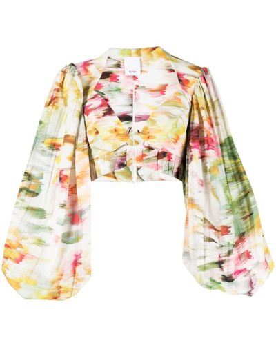 Acler Abstract-print Puff-sleeves Top - White