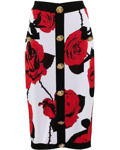 Balmain Floral-jacquard Midi Skirt - Red