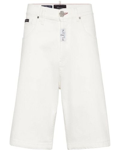 Philipp Plein Short en jean à plaque logo - Blanc