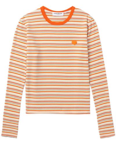 Chocoolate Long-sleeve Striped Cotton T-shirt - Orange