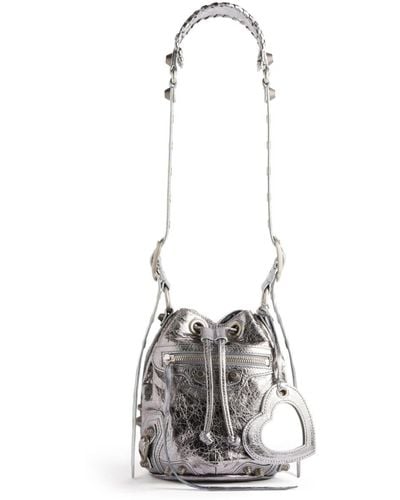 Balenciaga Mini Le Cagole Metallic-effect Bucket Bag - White